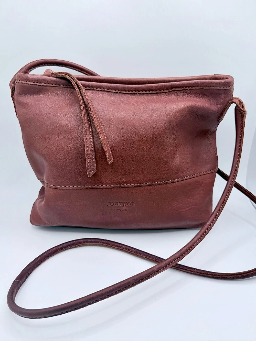Margot Cognac Brown Soft Leather Crossbody Bag Minimalist Zip Top